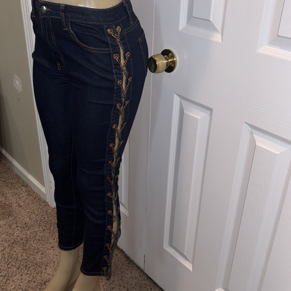 Fashion Nova Dark Blue Chain Lace-Up Jeans - Picture 3 of 6